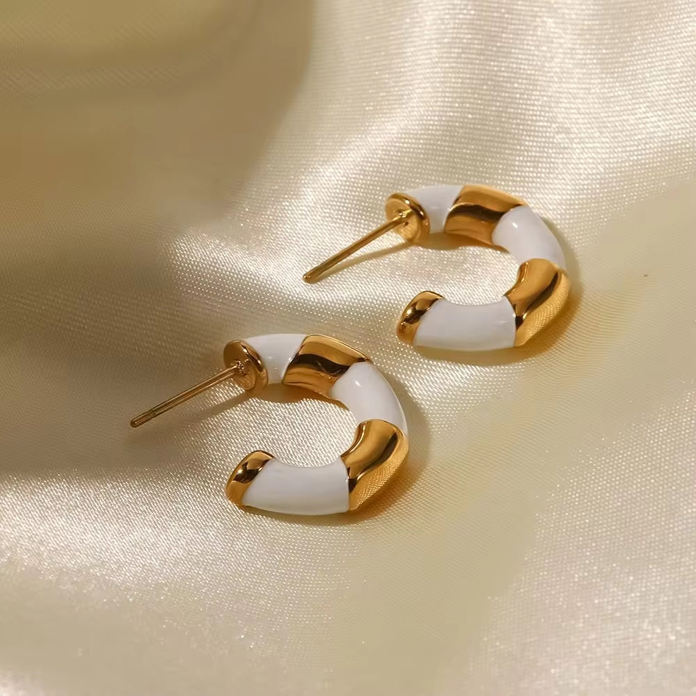 18K Gold Plated Stainless Steel Enameled Contrast Circle Color Trendy Hoop Earring Black and White