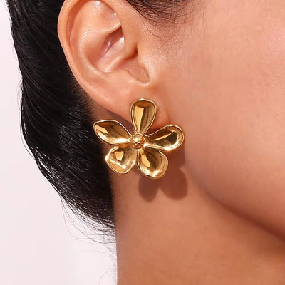 Glossy PVD Gold Plated Flower Earrings Tarnish Free Jewelry Waterproof Stainless Steel Stud Earrings