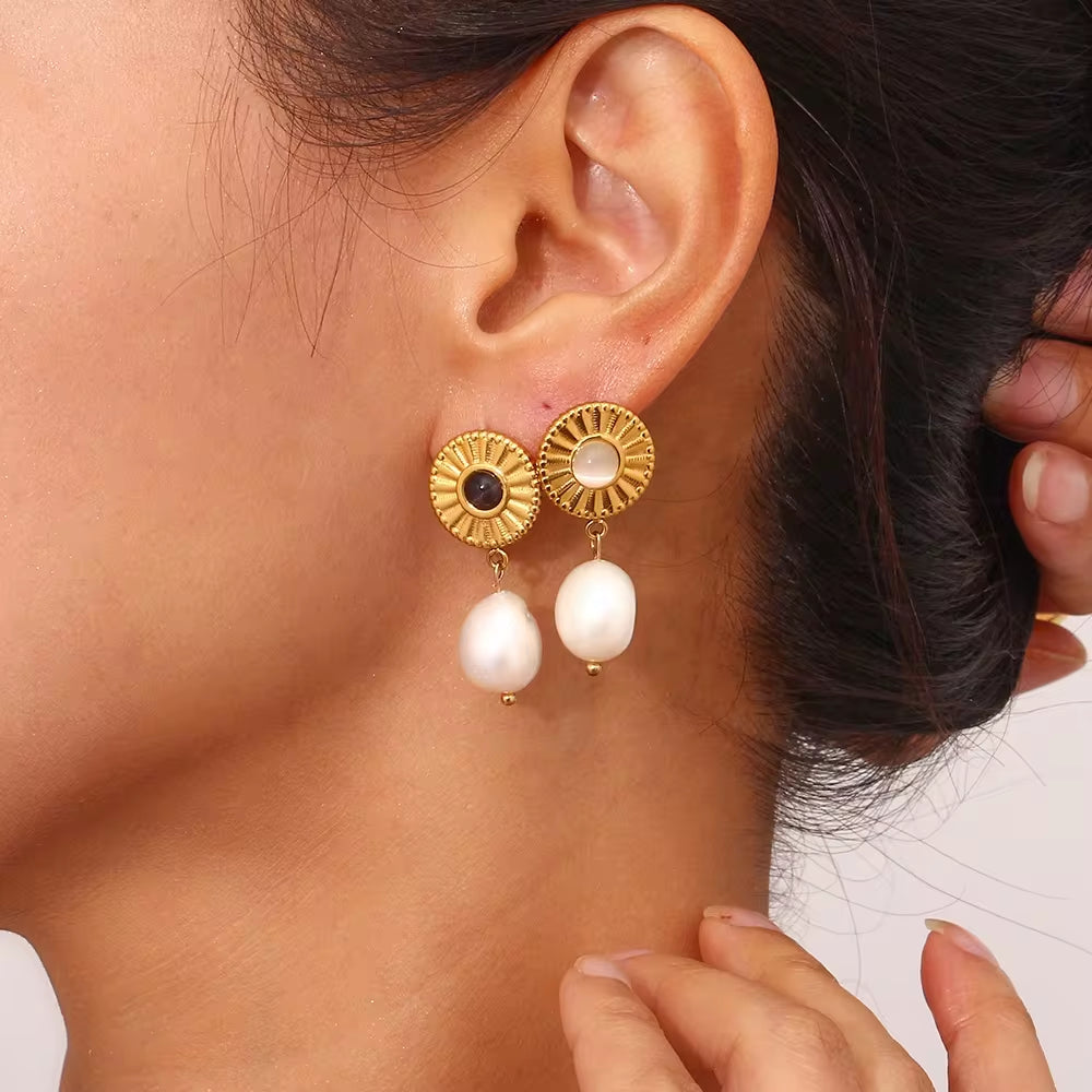 Trending Products 2023 New Arrivals Sunflower Shape Fresh Water Pearl Drop Earring Gold Plated Stainless Steel Opal Earrings