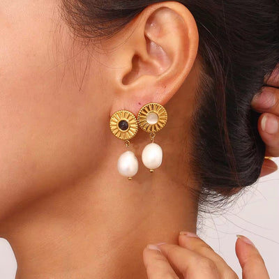 Trending Products 2023 New Arrivals Sunflower Shape Fresh Water Pearl Drop Earring Gold Plated Stainless Steel Opal Earrings