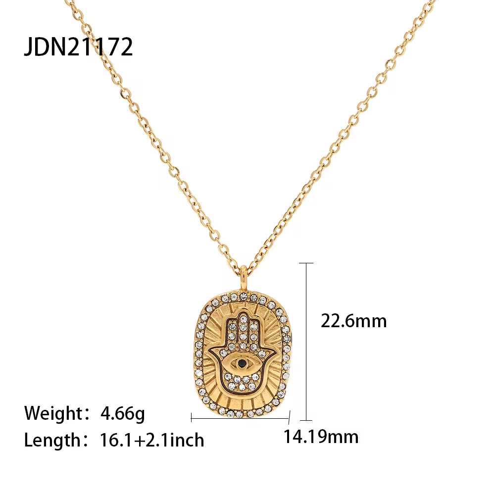 Vintage Stainless Steel Hand Print Necklace Geometric Clear Zircon Hand Oval Pendant Necklace