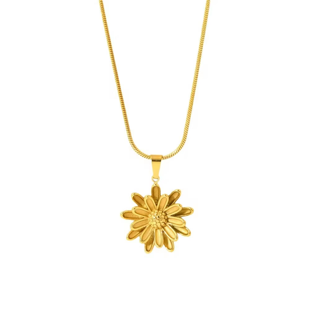 18K Gold Flower Necklace Stainless Steel Double Layer Gold Colors Daisy Flower Pendant Necklace for Women