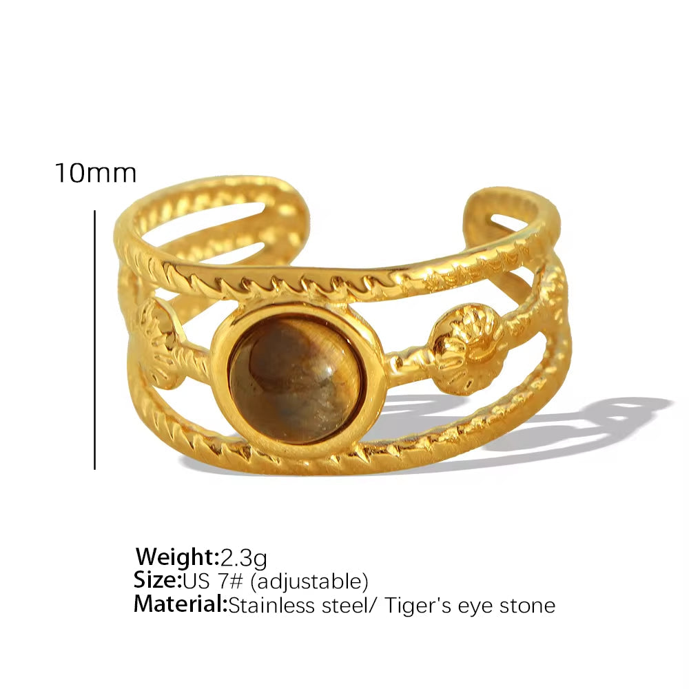 JEWELRY JZ26-27 Hot Sale Tiger Eye Turquoise Skeleton Ring Stainless Steel Open End Ring