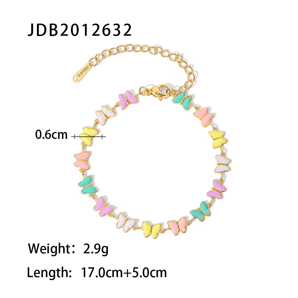 18K Gold Stainless Steel Dripping Oil Bracelets Colorful Enamel Butterfly Choker Necklace Set