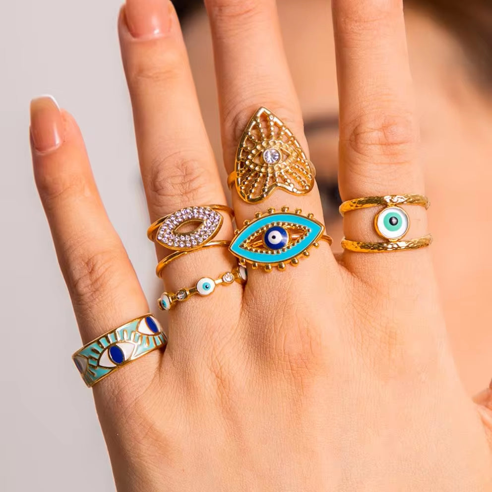 Luxury 18K Gold Plated Beads Eyes Layer Rings Stainless Steel Hollow Enamel Evil Eyes Stacking Rings Jewelry