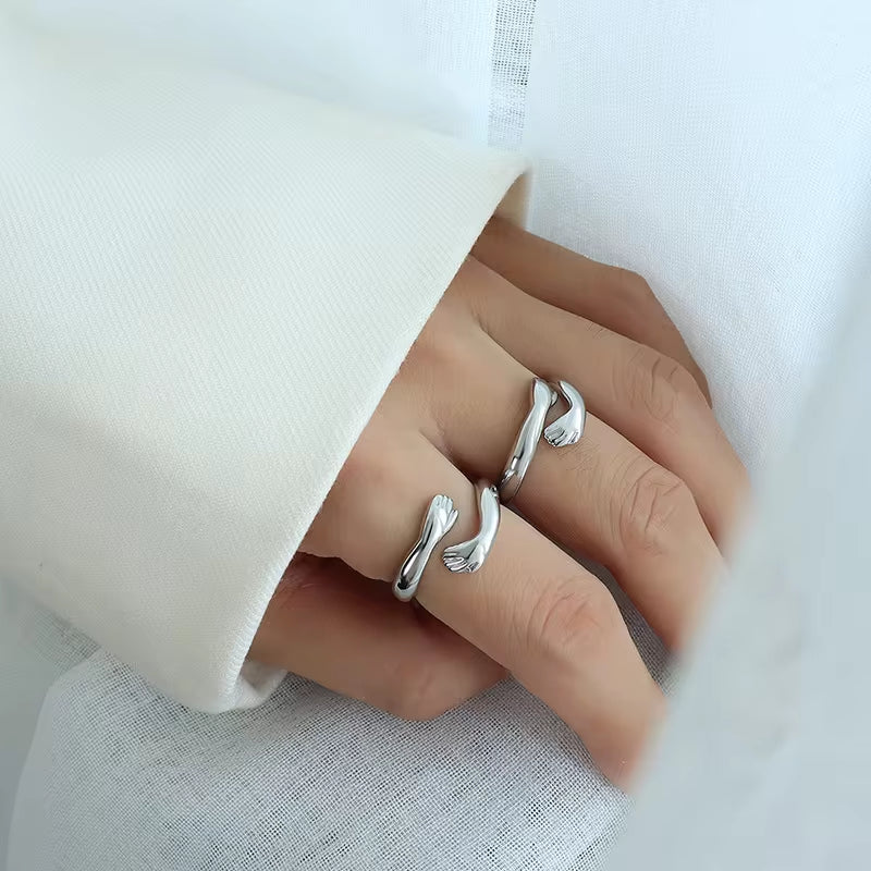 18K Gold Plated Cute Hand Hug Stainless Steel Embrace Hug Finger Open Ring Women