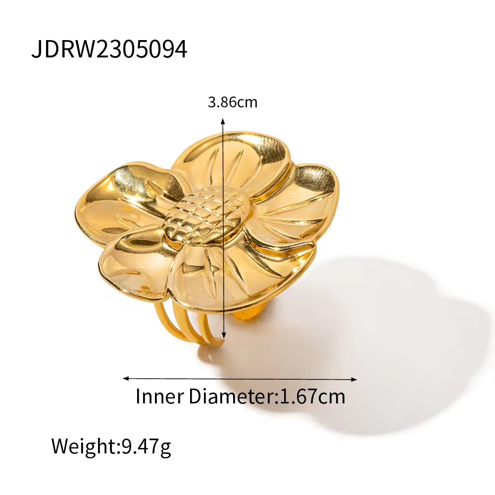 Summer Style 18K Gold Plated Stainless Steel Big Sunflower Earring Party Statement Bracelet Rings Jewelry Set