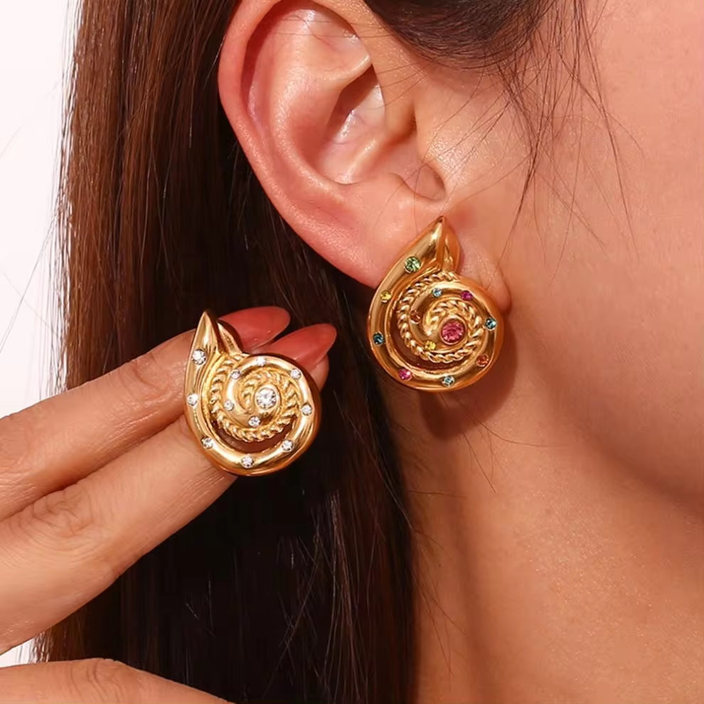 New Design Conch Stud Earrings Colorful Zircon Earring 18K Gold Plated Stainless Steel Jewelry