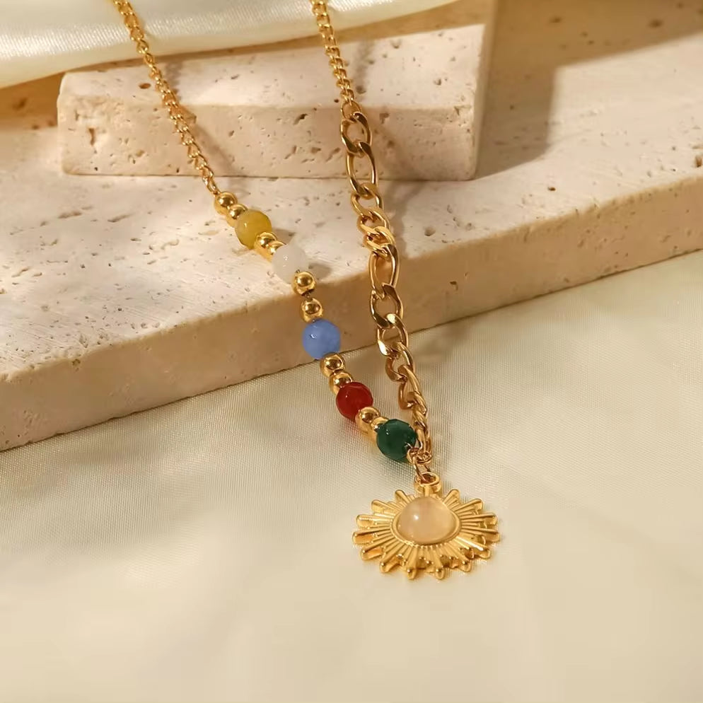 New Stainless Steel 18K Gold Half Color Bead Chain Half Figaro Chain Natural Opal Stone Sun Pendant Necklace