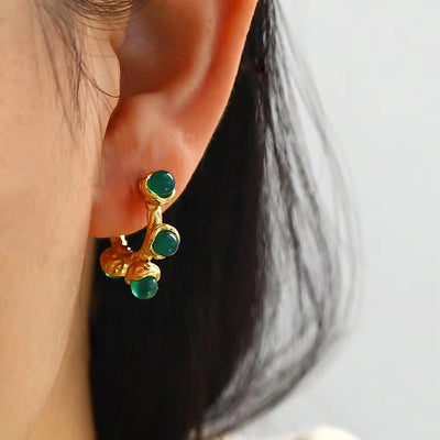 Retro Jade Natural Stone Zircon CC Hammered Silver 18K Gold Plated Stainless Steel Hoop Earrings Jewelry