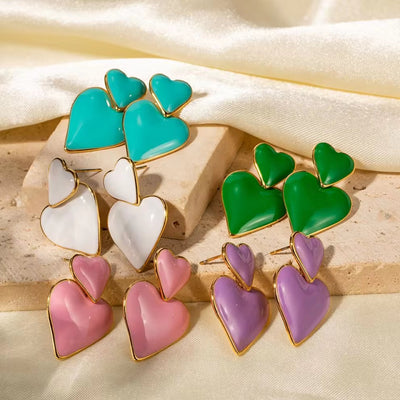 Trendy 18K Gold Plated Colorful Enamel Love Earring Stainless Steel Chunky Smooth Double Heart Drop Earrings