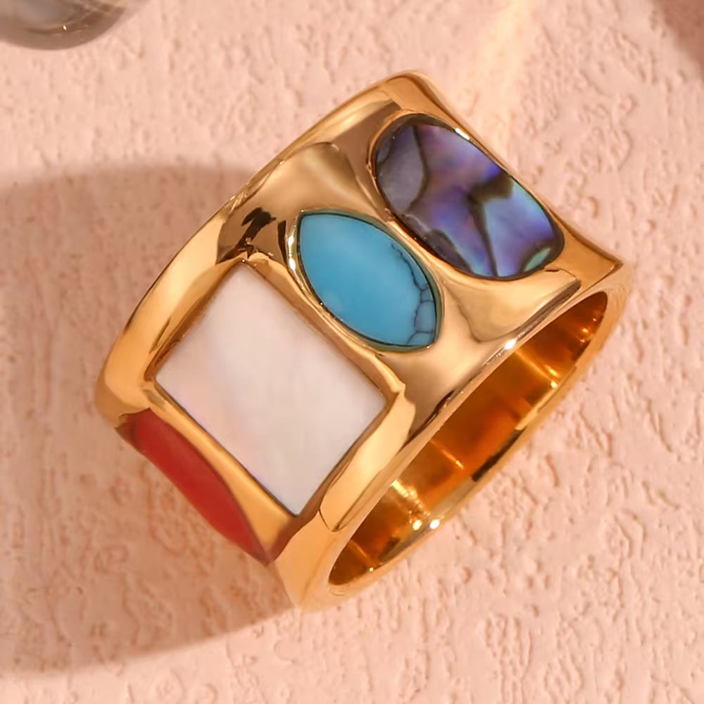 New Design Geometric Turquoise Signet Ring Gold Plated Stainless Steel Statement Jewelry